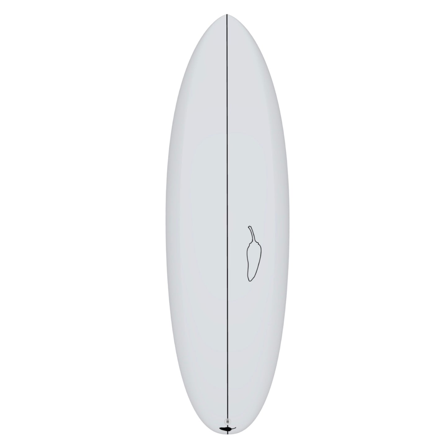 A white surfboard with a minimalistic logo, flat entry, and rounded outline.
