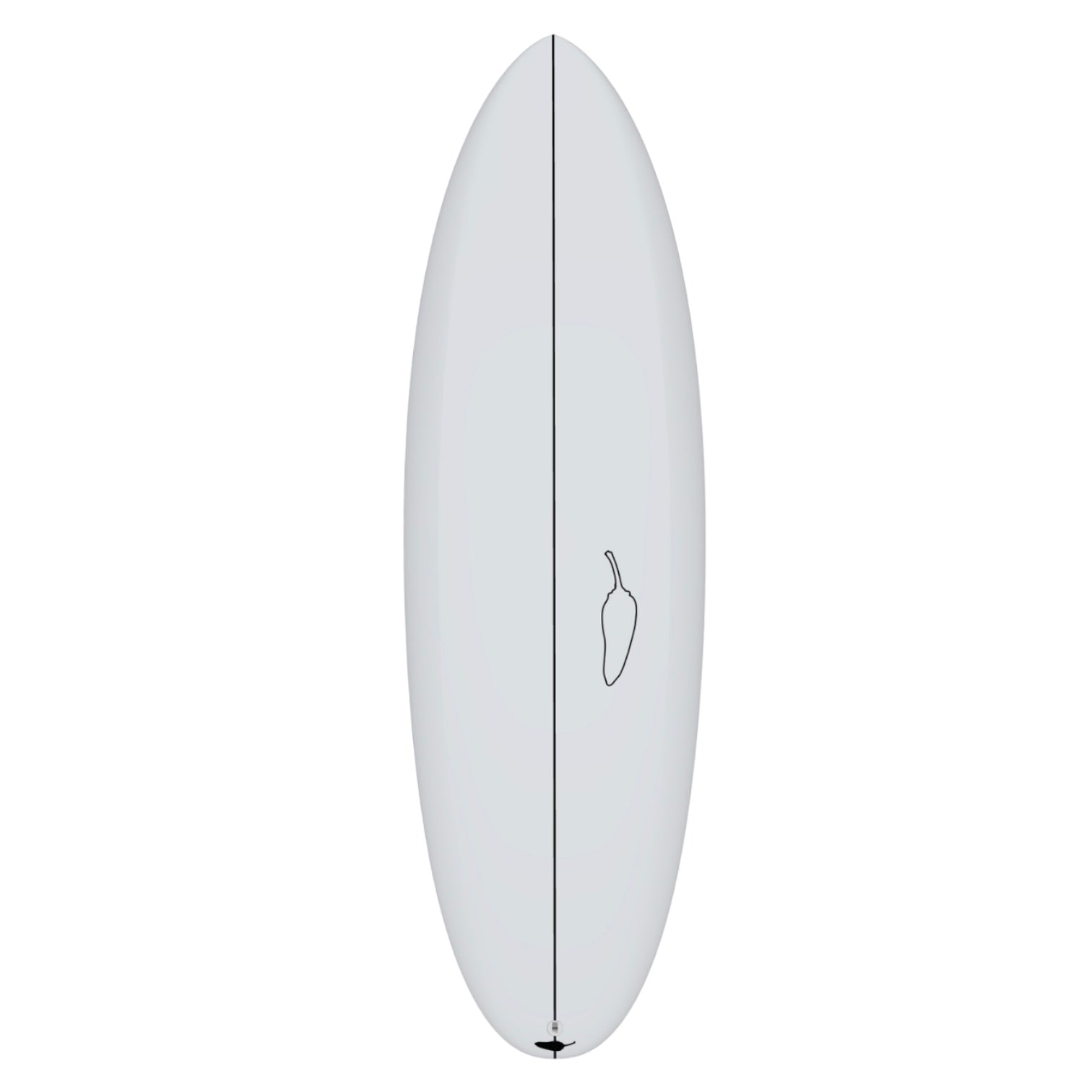 A white surfboard with a minimalistic logo, flat entry, and rounded outline.