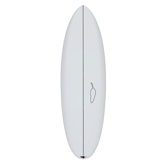 A white surfboard with a minimalistic logo, flat entry, and rounded outline.