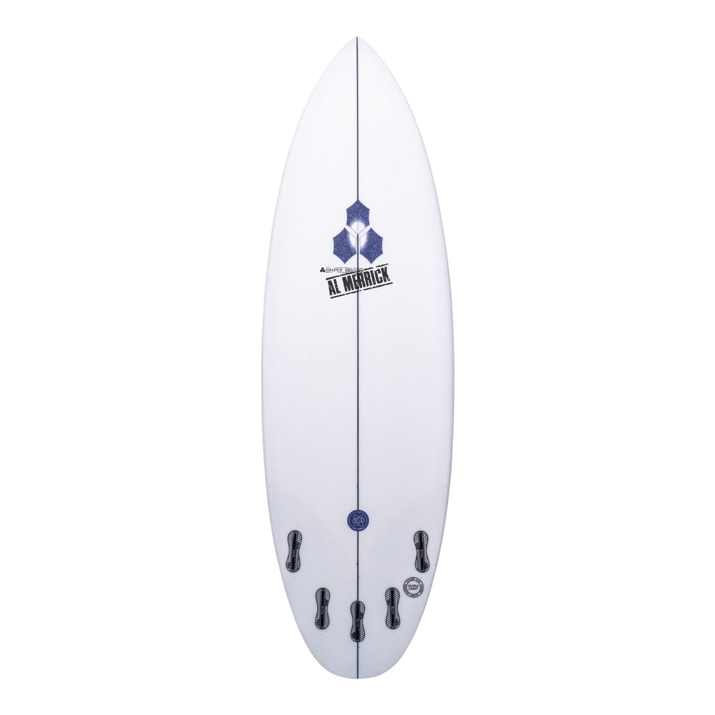 White surfboard with Channel Islands branding on a white background