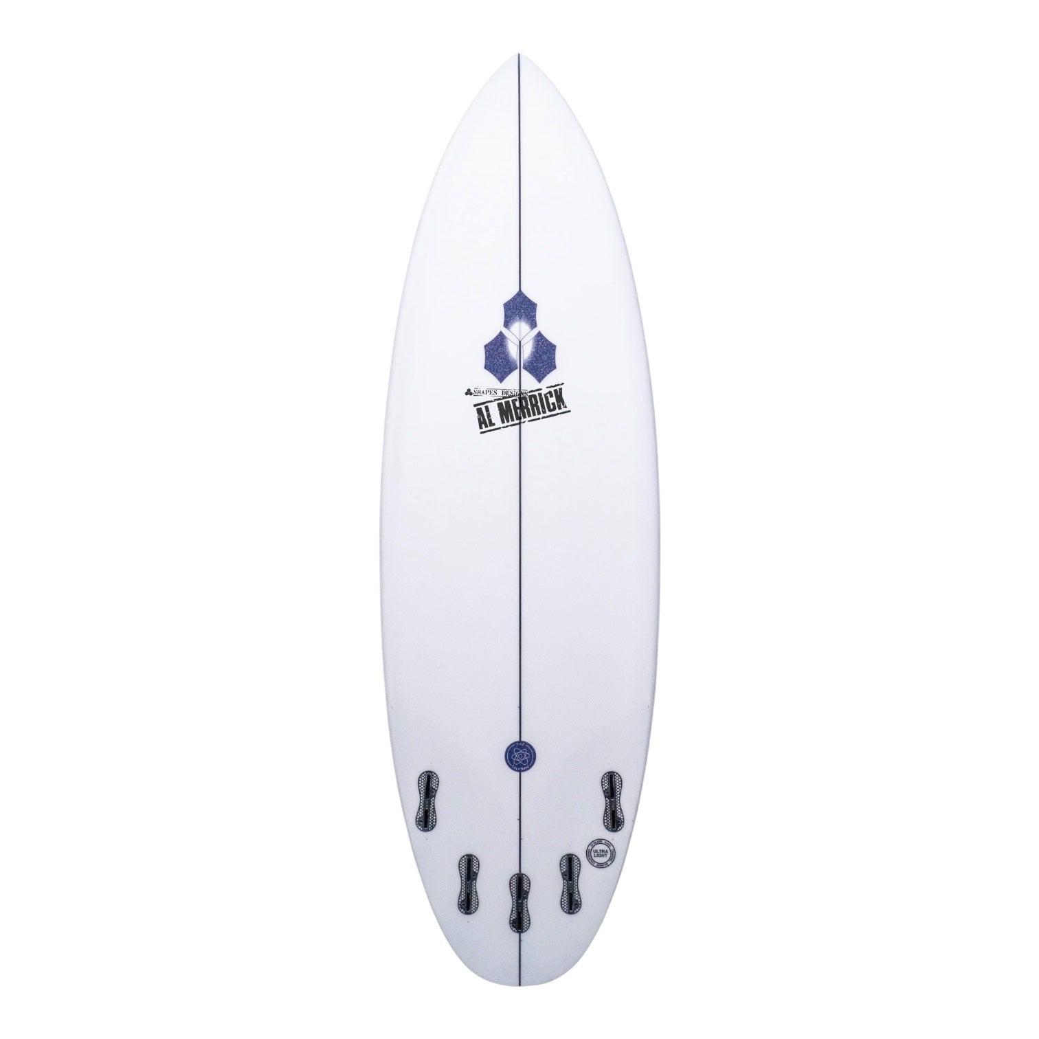 White surfboard with Channel Islands branding on a white background
