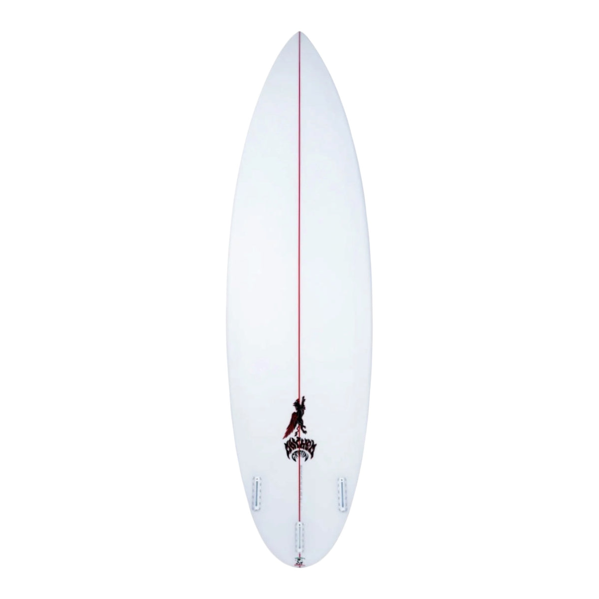 A white surfboard shown from a top-down view, featuring a thin red center stripe, a black and red graphic near the tail, and two white fin attachments.