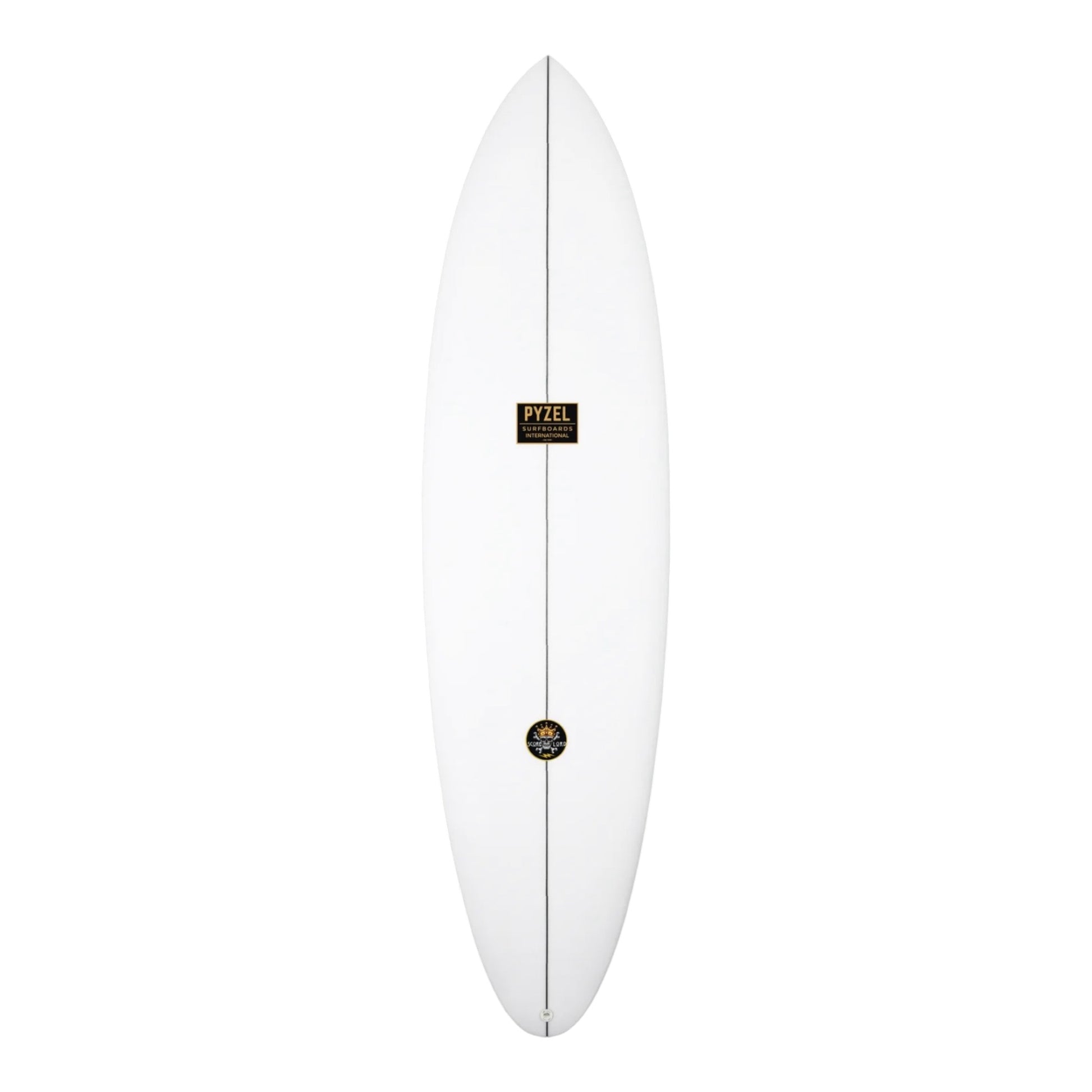 White surfboard with a logo on a white background
