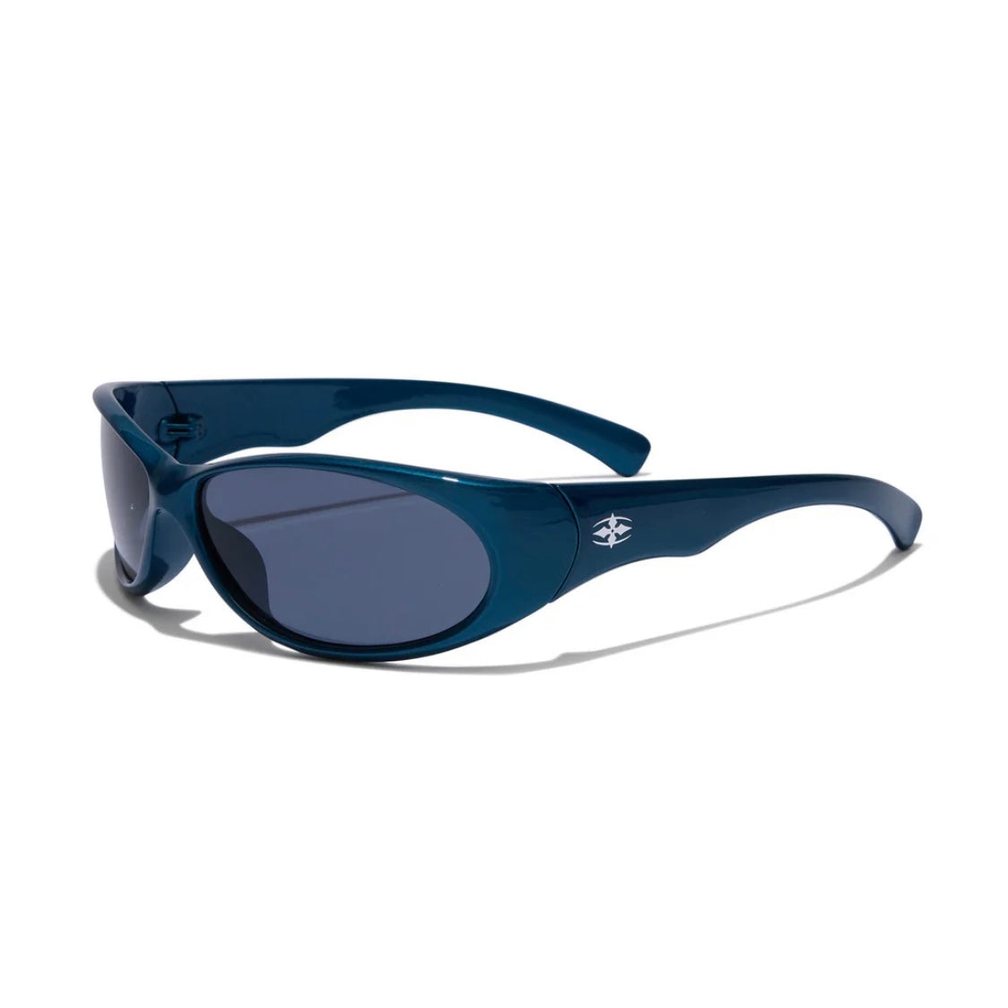 Blue sunglasses with a logo on a white background