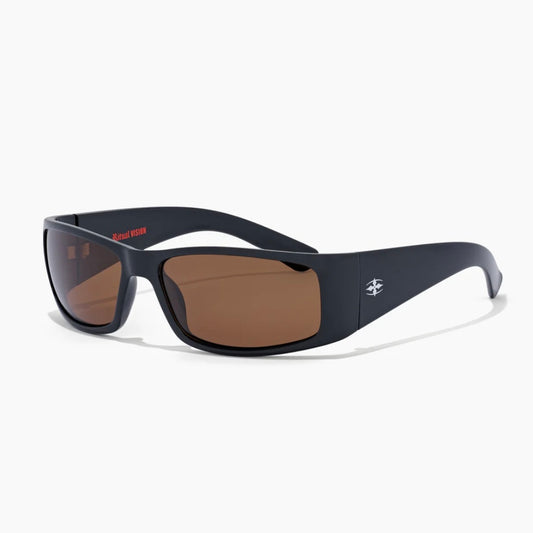 Black sunglasses with brown lenses on a white background