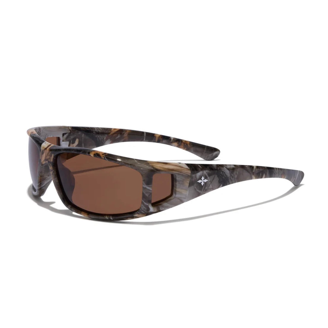 Camouflage sunglasses with brown lenses on a white background