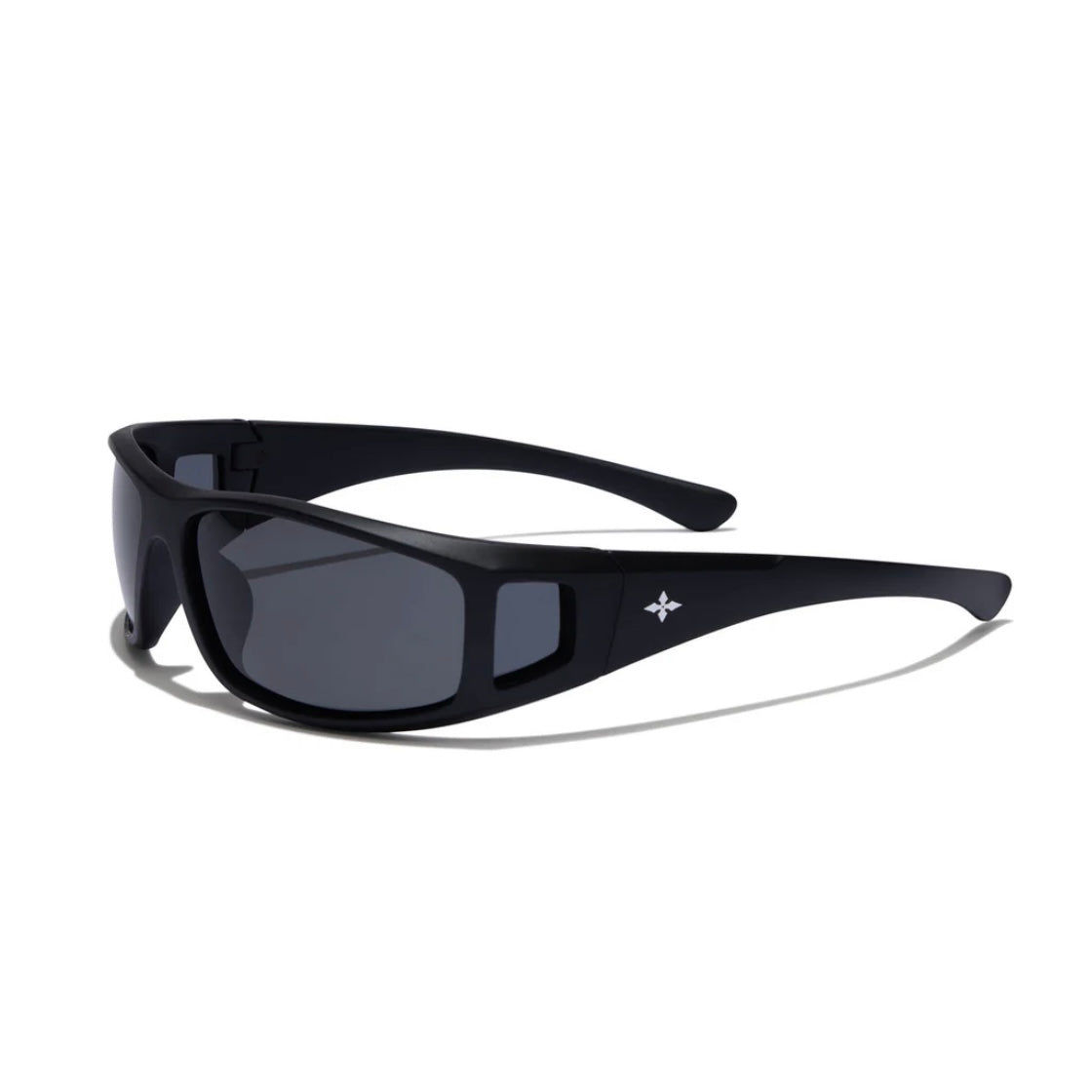 Black sunglasses with dark lenses on a white background