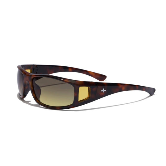 Sunglasses with tortoiseshell frame and dark lenses on a white background