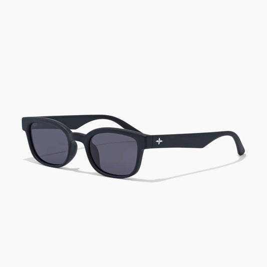 Black sunglasses with a logo on a white background