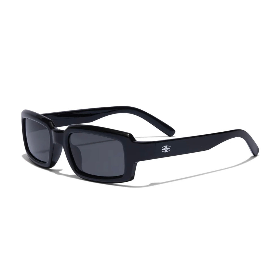 Black sunglasses with a logo on a white background