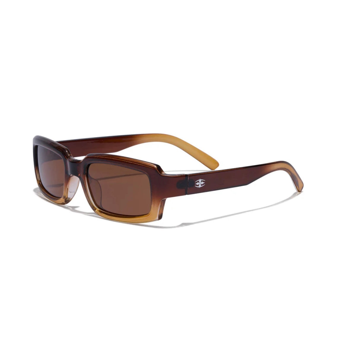 Brown sunglasses with a visible brand logo on a white background