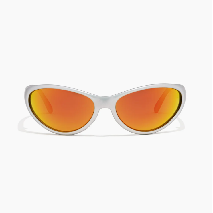 Sunglasses with orange lenses and white frame on a white background