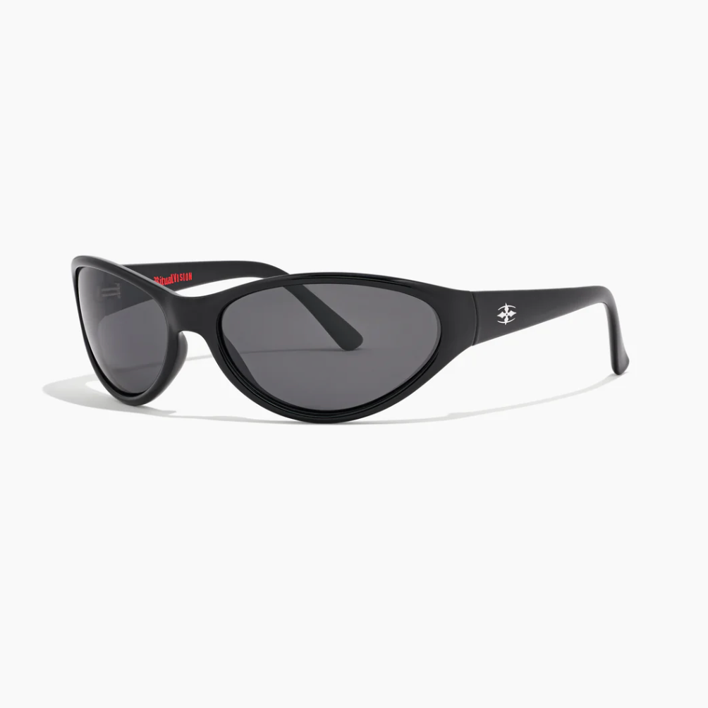 Black sunglasses with a logo on a white background