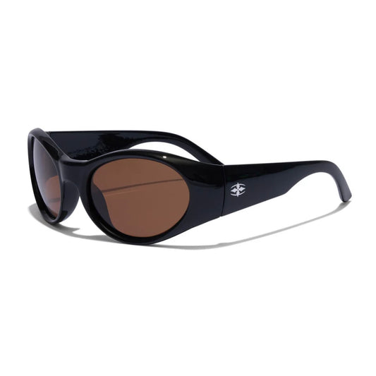 Black sunglasses with brown lenses on a white background