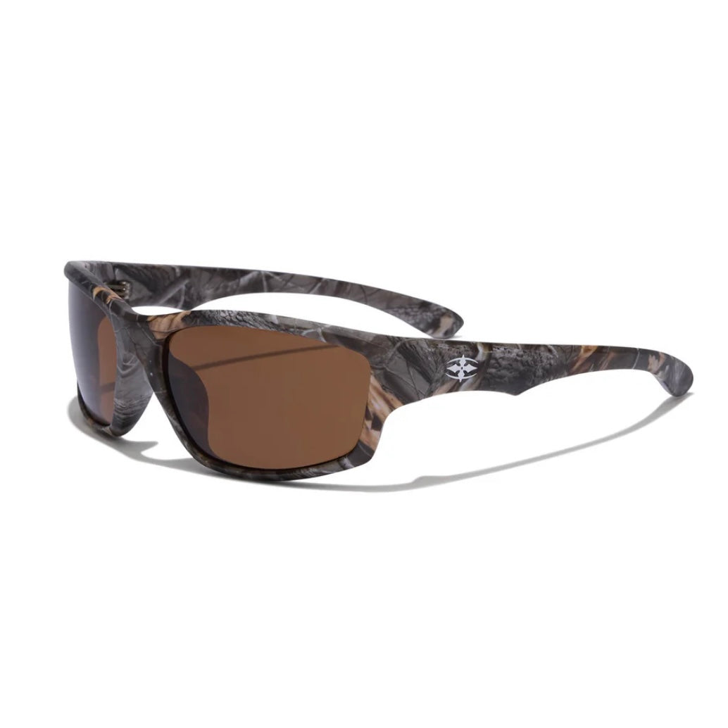 Sunglasses with camouflage frame and brown lenses on a white background