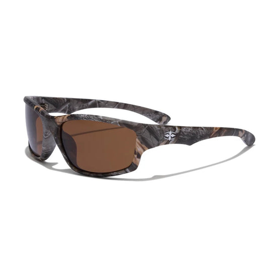 Sunglasses with camouflage frame and brown lenses on a white background
