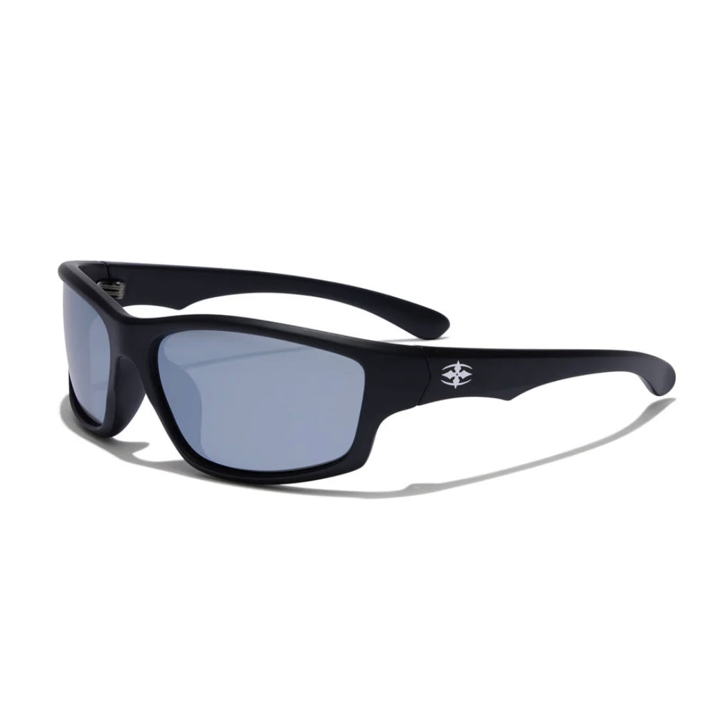 Black sunglasses with a logo on a white background