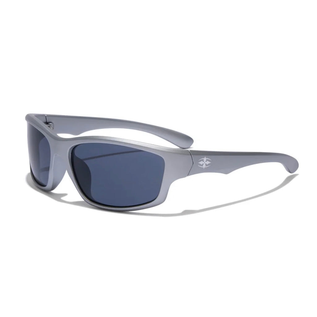 Sunglasses with gray frame and dark lenses on a white background
