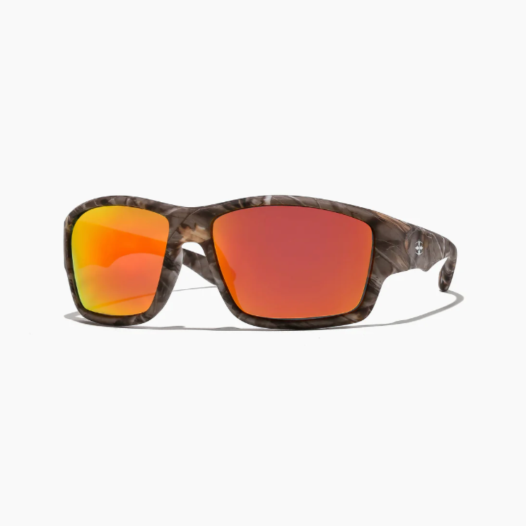 Sunglasses with camouflage frame and orange-red lenses on a white background