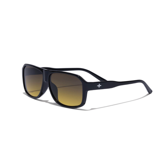 Black sunglasses with a gradient lens on a white background