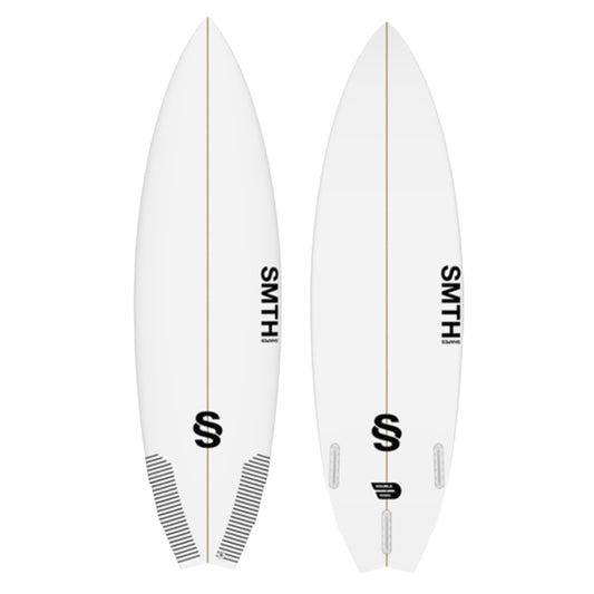 Two white SMTH Shapes Double Wing Surfboards on a white background.