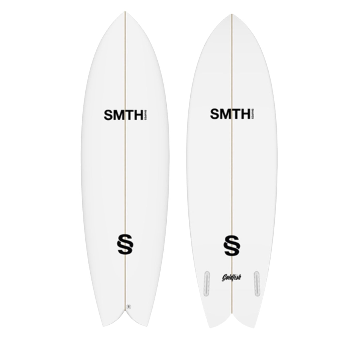 Two white SMTH Goldfish Midlenghts surfboards with 'SMITH' branding on a white background