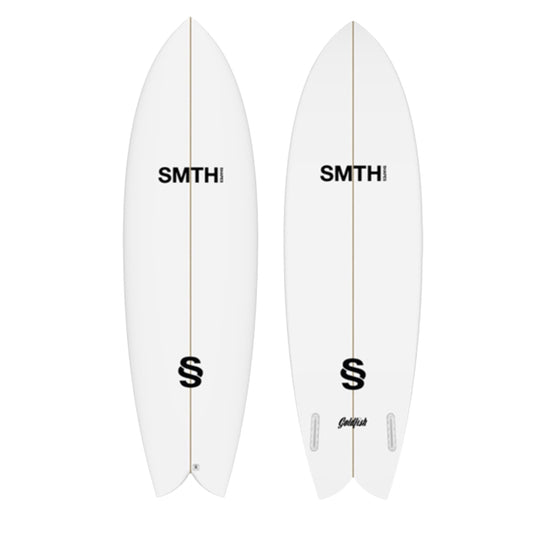 Two white SMTH Goldfish Midlenghts surfboards with 'SMITH' branding on a white background