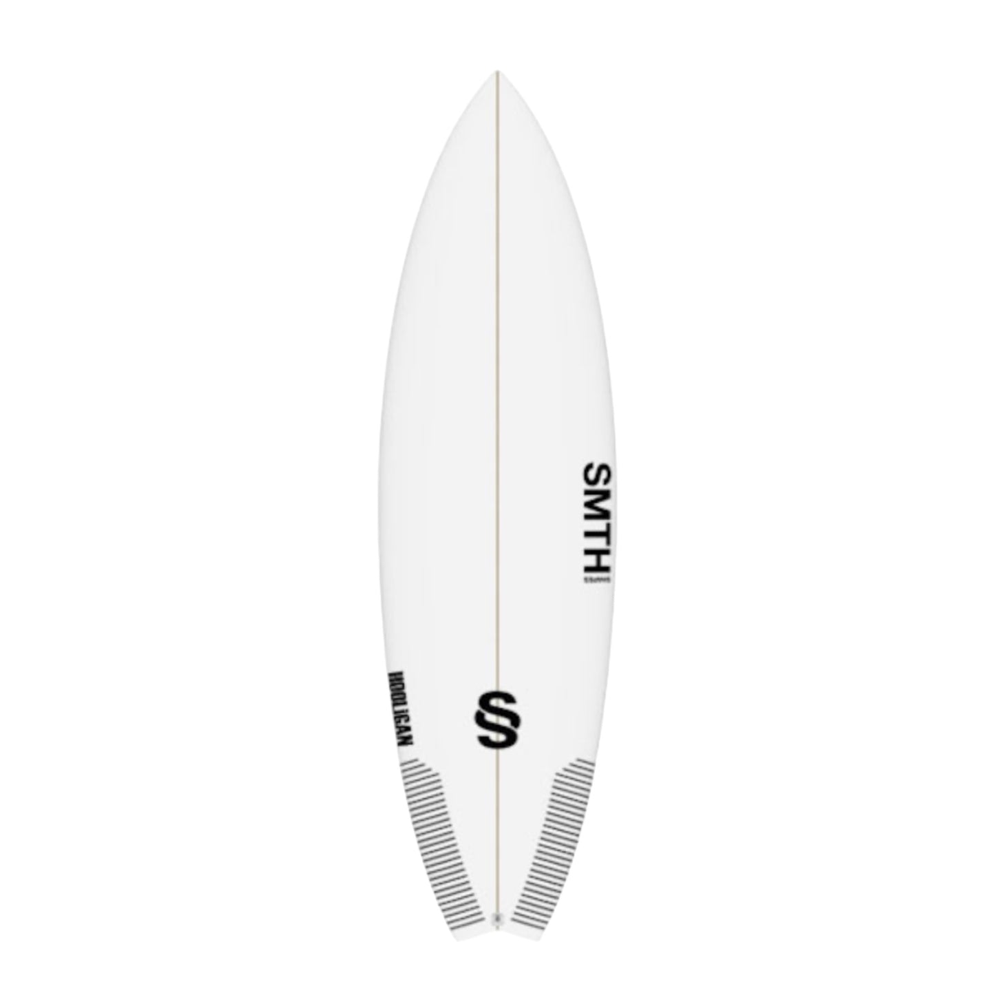 White surfboard with black branding on a white background