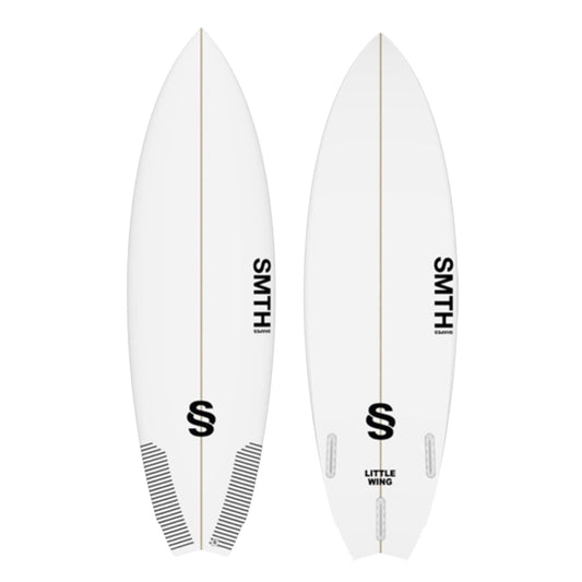 SMTH Shapes Little Wing surfboard design showing top and bottom views in a clean white finish.