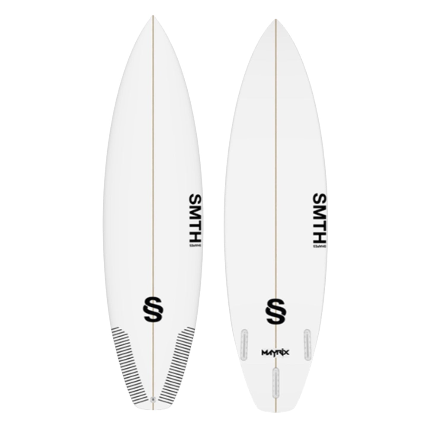 Two white SMTH Maytrix surfboards with black branding on a white background