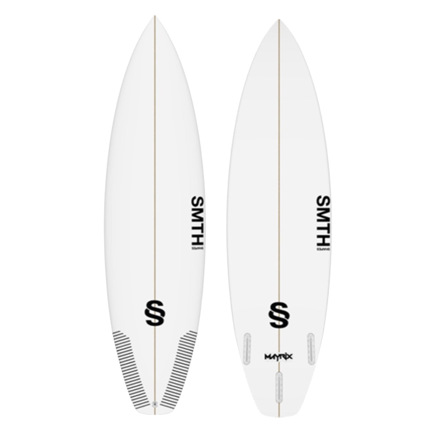 Two white SMTH Maytrix surfboards with black branding on a white background