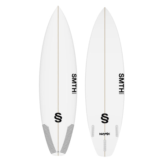 Two white SMTH Maytrix surfboards with black branding on a white background