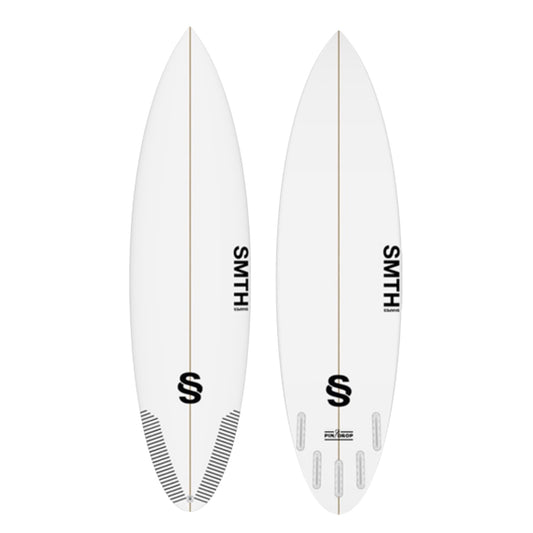Two white SMTH surfboards with black branding on a white background