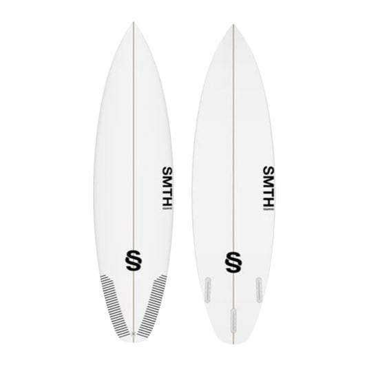 Two white SMTH Shapes Surfboards   Pixta on a white background