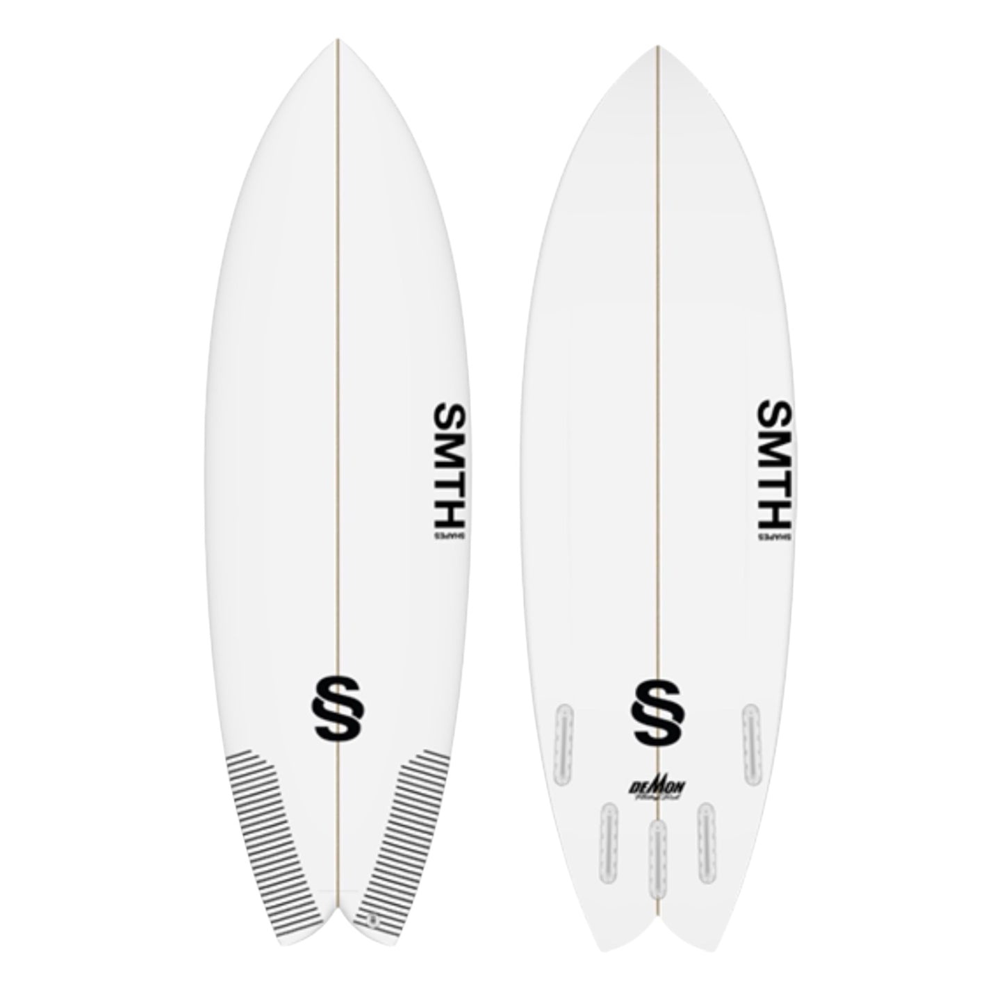 Two white SMTH Speed Demon surfboards with black branding on a white background