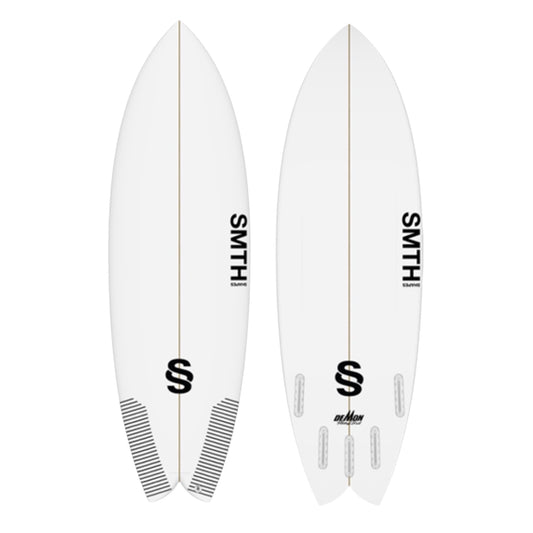 Two white SMTH Speed Demon surfboards with black branding on a white background