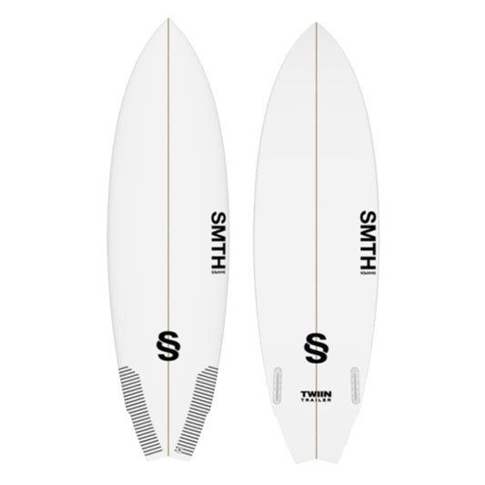 Two white SMTH Shapes Twin Trailer Surfboards on white background