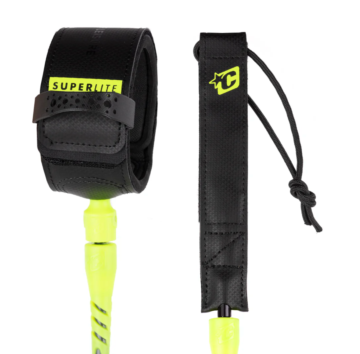 Black and yellow surfboard leash with 'Superlite' label on a white background