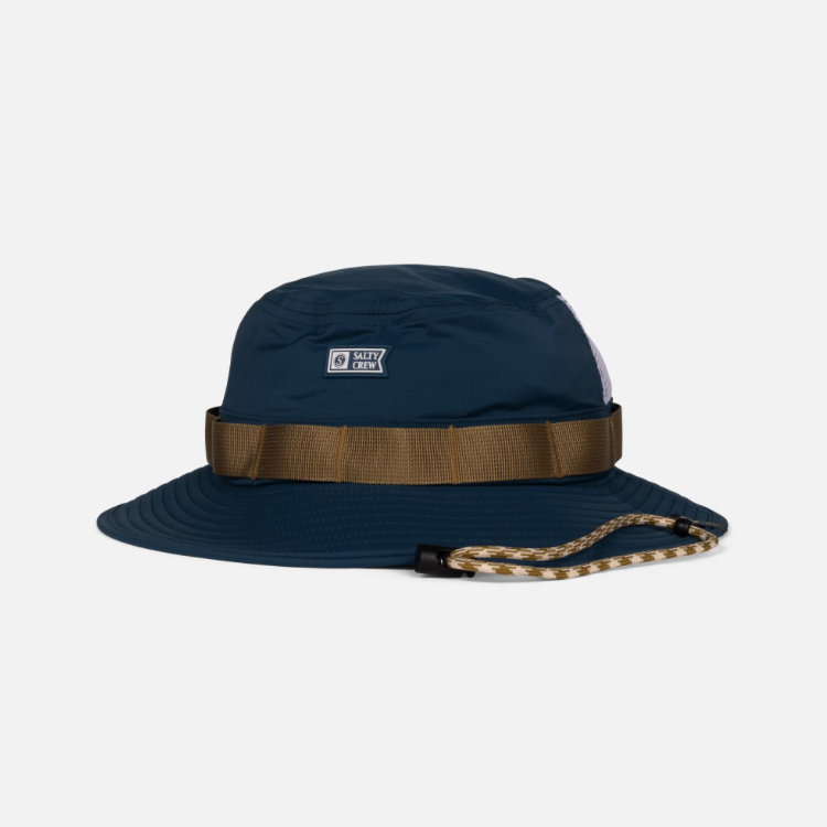 Navy bucket hat with brown band on a light gray background