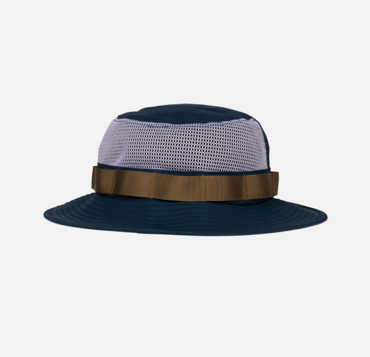 Navy blue and gray mesh hat with a brown band on a light gray background