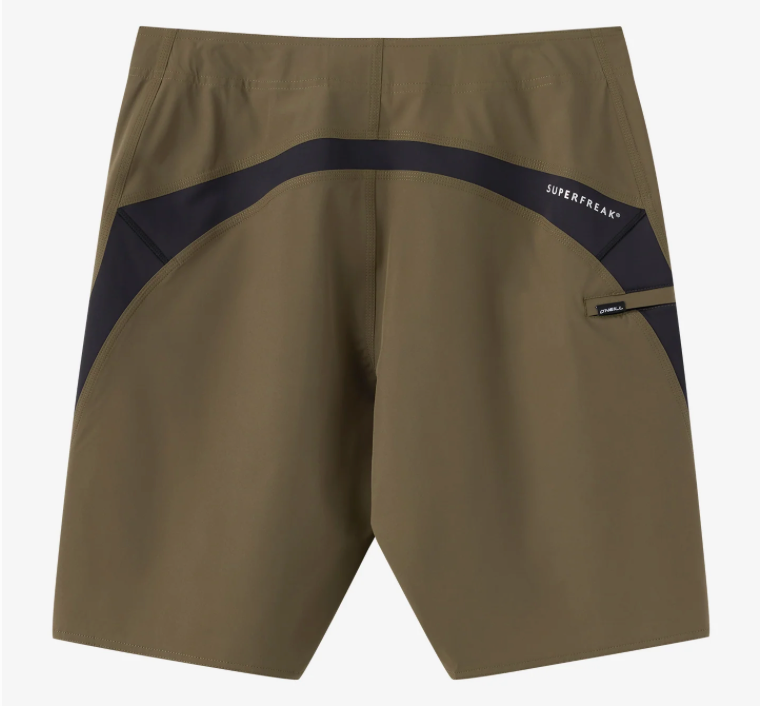 Brown shorts with black accents and 'SuperFreak' branding on a white background