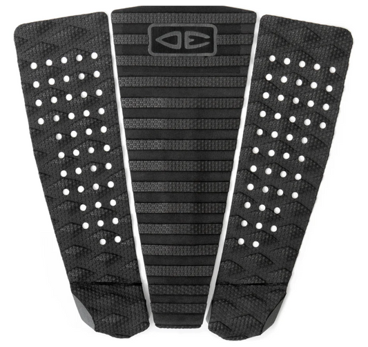 Three black surfboard fins with a pattern on a white background