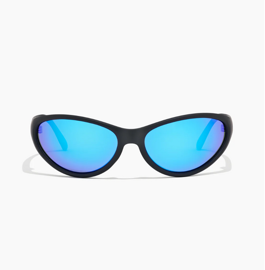 Black cat-eye sunglasses with blue lenses on a white background