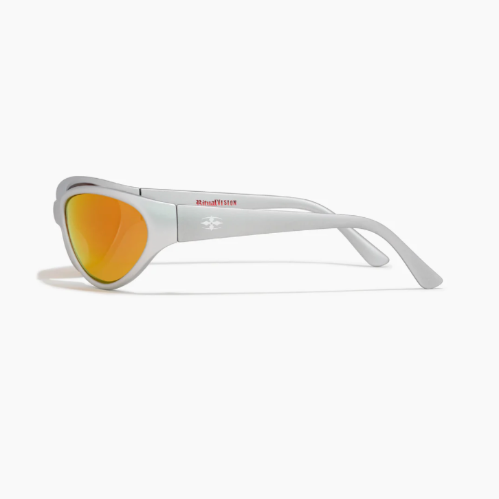 Sunglasses with orange lenses and white frame on a white background