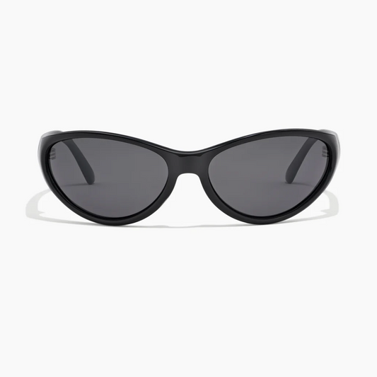 Black cat-eye sunglasses with dark lenses on a white background