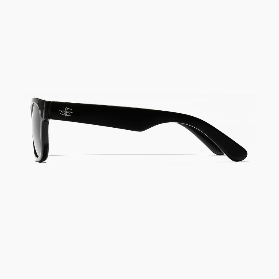 Black sunglasses with a logo on a white background