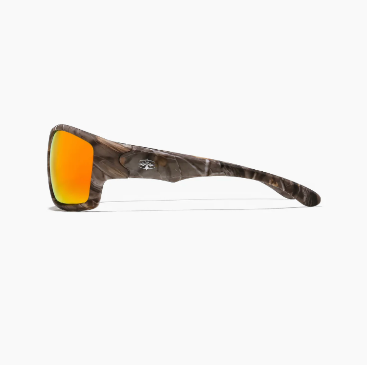 Sunglasses with camouflage frame and orange lenses on a white background