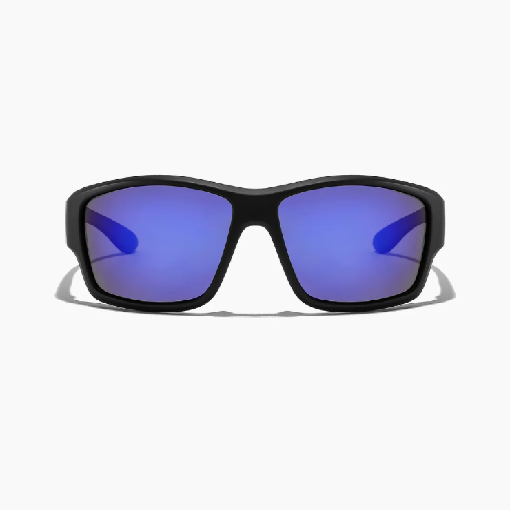 Black sunglasses with blue-tinted lenses on a white background