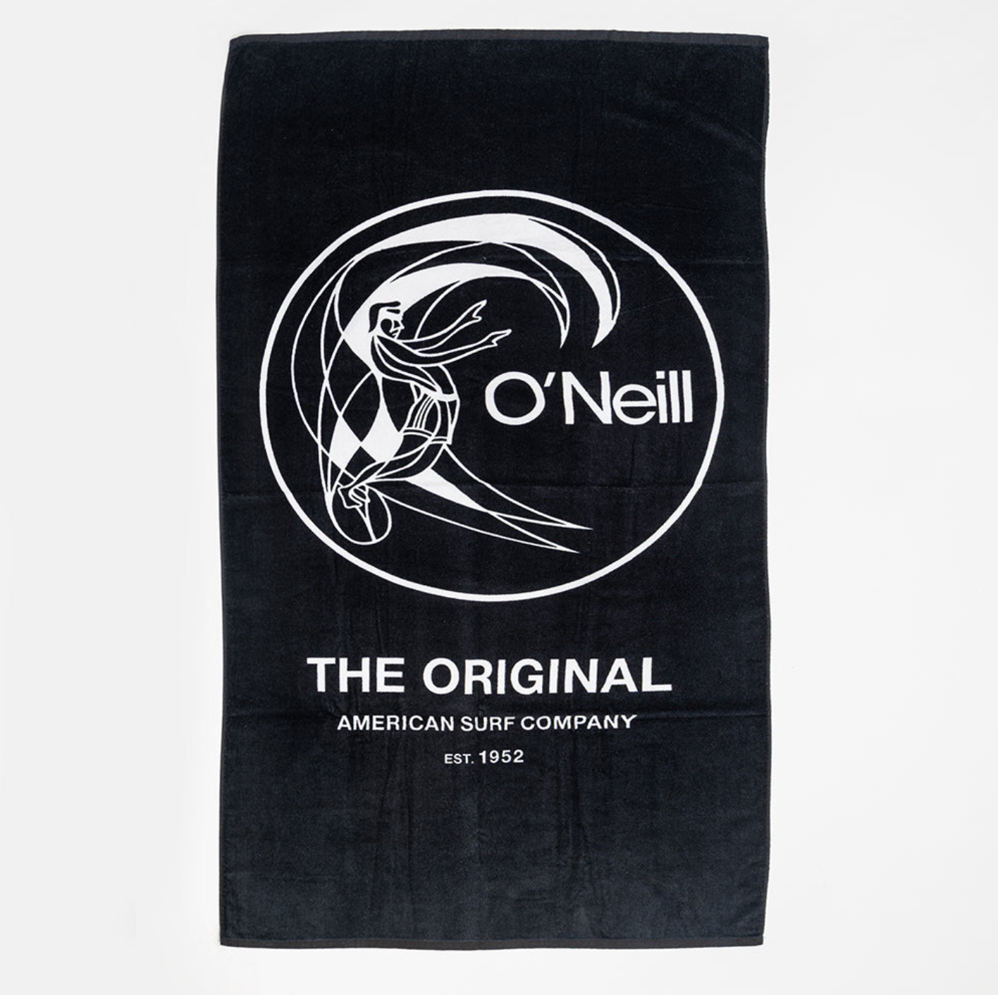 Black towel with O'Neill logo and text on a white background