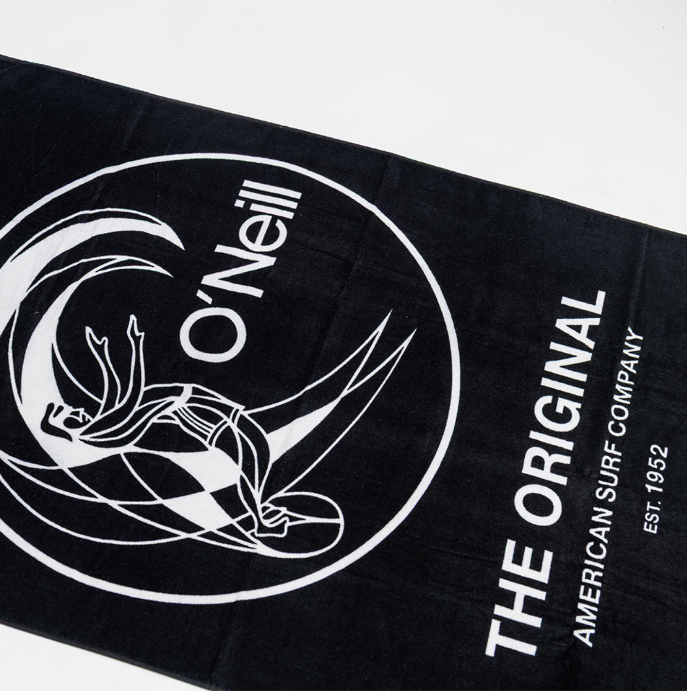 Black O'Neill surfboard with logo and text on a white background